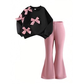 Ecolala Girls 2 Piece Outfits Long Sleeve Crew Neck Bow Sweatshirt Topa and Flare Pants Set Black Pink 13-14Y