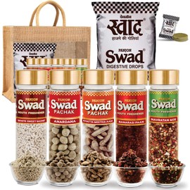 Swad Candy Pack (25 Digestive Toffees) & After Meal Mouthfresheners (White Sweet Saunf, Anardana, Khajoor, Banarasi Paan & Navratan Mukhwas Pachak) 100% Vegan & Gluten-free, 6 pcs Jute Gift Set