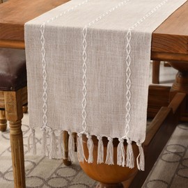 Wracra Cotton Linen Table Runner Farmhouse Style Coffee Table Runner 120cm with Hand-tassels for Party, Dining Room Decorations Dessert Table Decor(Light Coffee, 120cm)