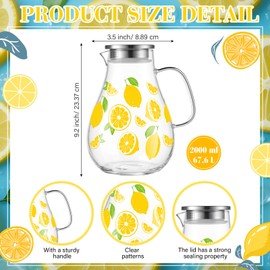 Yungyan Lemonade Pitcher with Lid 67.6 oz Clear Glass Water Pitcher with Lid Classic Lemon Water Pitchers with Handle Reusable, Indoor and Outdoor Pitchers for Cold Brew, Coffee, Lemonade, Iced Sun