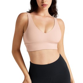 QUEENIEKE Women's V-Neck Sports Bra - U Back Medium Impact Wireless Padded Yoga Bra Crop Top for Workout Pearl Blush Small