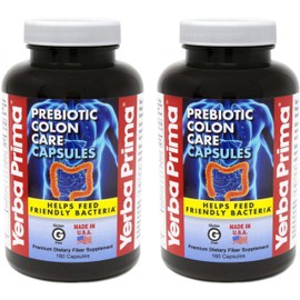 Yerba Prima Prebiotic Colon Care Capsules Dietary Fiber, 180 Count, (Pack of 2) - Five Forms of Fiber Plus FOS Prebiotics Supplement - Soluble & Insoluble for Regularity & Digestive Support