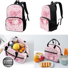 Tuoxiukan Floral Axolotl Girls Backpack And Lunch Box Set Kindergarten Cherry Blossom Bookbag With Lunch Box and Pencil Case For Girls 5-7 17 Inch Stationery Daily Necessities Storage Bag