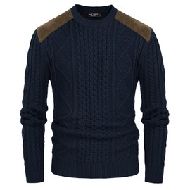 Men's Retro Military Pullover Sweater Crewneck Vintage Cable Knit Sweater with Suede Patchwork Navy Blue S