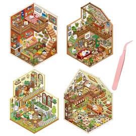 3D House Stickers Set of 4 DIY 3D Collage Material Scene Stickers Paper Miniature Model Collage Stickers Paper Doll House with Tweezers Paper Material Diary 3D Korean Style Niche Decoration Sticker