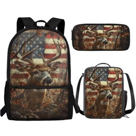 SCRAWLGOD American Flag Deer School Backpack for Teens Girls with Lunch Box Hunting Elementary Student Bookbag for Kids 10-12/12-14/8-10 Lunch Bag Middle Schoolbag Lunchbox Pencil Case Book Bag Set