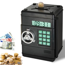 FISHTEC Electronic Money Box as Safe - Automatic Coin Counter and LCD Display - Safe Saving with Secret Code - Double Compartment for Notes