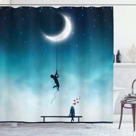 Ambesonne Fantasy Shower Curtain, Boy Climbing to The Moon with Rope and Girl on Bench Love Romance Fantasy Art, Cloth Fabric Bathroom Decor Set with Hooks, 70" Long, Teal White