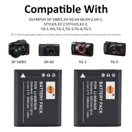 DSTE 2pcs Li-90B Battery + DC16 Travel and Car Charger Adapter Compatible with Olympus SH-50 iHS SH-60 SP-100 Tough TG-1 TG-2 TG-3 TG-5 TG-6 XZ-2 ihs TG-Tracker Camera as LI-92B