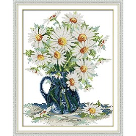 Stamped Cross Stitch Kits for Beginners Full Range of Cross Stitching Preprinted Pattern for Kids or Adults, Embroidery Needlepoint Starter Kits-Daisy vase, 15x18 inch