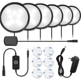 YGS-Tech LED Under Cabinet Lighting Kit, 1020 Lumens LED Puck Light, 5000K Daylight White, CRI90+, Touch Dimming, Black Trim All Accessories Included, for Kitchen, Closet Lights, Safe Light, 6-Pack