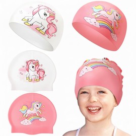 Unittype 2 Pieces Swim Caps for Kids Girls Toddler Unicorn Silicone Swimming Hat Age 2-14 Waterproof Unisex Bathing Cap for Long and Short Hair Children