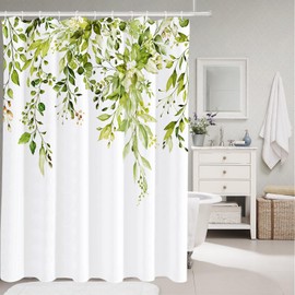 Tititex Fragile Sprout Grass Green Eucalyptus Shower Curtain Sets, Watercolor Leaves on The Top Plant with Floral Bathroom Decoration 72x84 Inch with Hooks