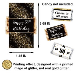 Black & Gold 50th Birthday Party Mini Candy Bar Wrapper Stickers - 50th Birthday Party Favors - Pack of 54