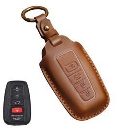 for Toyota Key Fob Cover with Keychain, Genuine Leather Car Key Case Protector Compatible with RAV4 Camry C-HR Prius Highlander Corolla Avalon Mirai 4Runner 86 Smart Remote Key Shell, 4 Button(Brown)