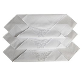 12 Ladies Plain White Handkerchief With A Butterfly Lace Corner, 11.5 inches Square, White