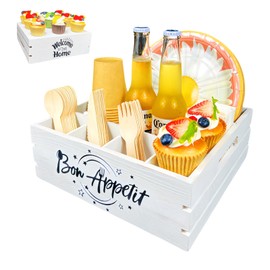 Wood Utensil Holder for Party 4 in1 - White Paper Plate Dispenser for Countertop 10 Inch- Silverware Caddy for Plate, Cup, Fork, Spoon, Napkins - Cutlery Flatware Organizer for Party Camping Picnic