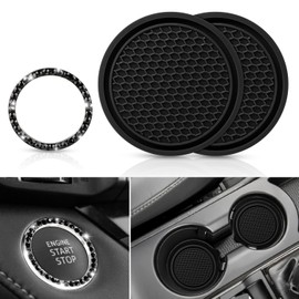 Ouzorp Car Cup Coasters (2 Pack) | Car Push Start Button Bling (1 Pack) | Car Cup Holder Coaster | Silicone Anti Slip Cup Coaster | Car Interior Accessories-Black…