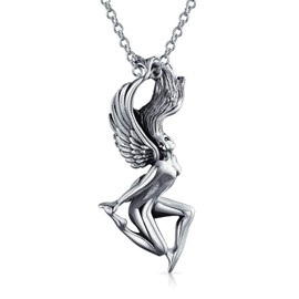 Vintage Antiqued .925 Sterling Silver Virgo Greek Goddess Angel Wings Zodiac Sign Astrology Horoscope Pendant Women Necklace