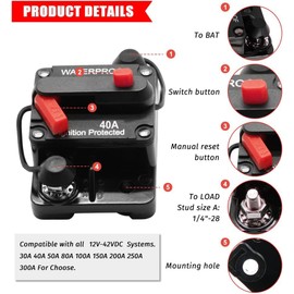 Gebildet 40Amp Circuit Breaker with Manual Reset Waterproof Inline Fuse Inverter for Marine Trolling Motors Boat ATV Manual Power 12V-42VDC (40A)