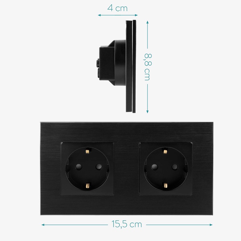 Navaris Aluminium Schuko Socket Double – with Mounting Material –