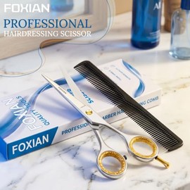 Foxian Hairdressing Professional Scissors for Barbers & Hairdressers 6" Stainless Steel Hair Cutting Scissors with Comb for Men & Women
