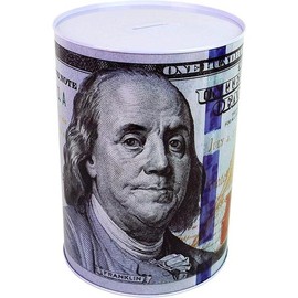$100 Dollar Bill Piggy Bank 5 7/8" Tall Coin Saving Money Currency Benjamin Franklin Tin Can Banknote Jar (1 Pack, 8 1/2" X 6") Decor Ornaments - item: 1, Size: 8 1/2" X 6"