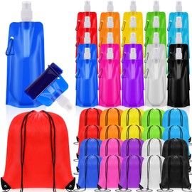 Teenyyou 40 Pcs 16 oz Collapsible Water Bottles Bulk and Drawstring Backpack Set 10 Colors Reusable Leak Proof Water Bottles with Carabiner Clip Gym Drawstring Bags for Sports Biking Hiking Camping