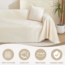 MYSKY HOME Boho Couch Cover Beige Sofa Covers with White Tassel Farmhouse Sofa Slipcover Simple Couch Protector for Dogs Chenille Sectional Couch Covers L Shaped Couch Cushion Covers, 91"x 134"