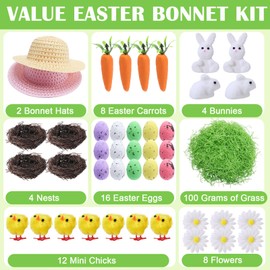 Silicherry Easter Bonnet Kit Easter DIY Craft Set with Straw Hats Kids Make Your Own Bonnet Hat Chicks Bunnies Carrots Eggs Nests Grass Flowers for Easter Bonnet Decoration Children Birthday Gifts
