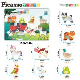 PicassoTiles - Bloques de construcción de azulejos magnéticos de 8 piezas, 8 cifras de acción magnéticas de animales de granja, personajes de construcción, azulejos compatibles con juegos preescolares, juguete preescolar, educación STEM para niñas y niño