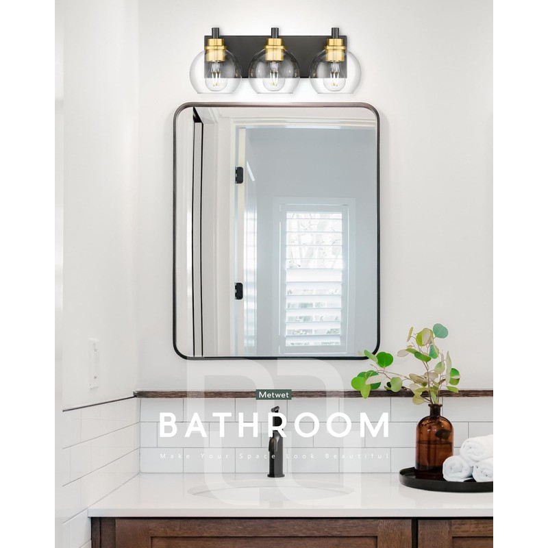 METWET Bathroom Light Fixtures, 3-Light Black and Gold Bathroom Vanity