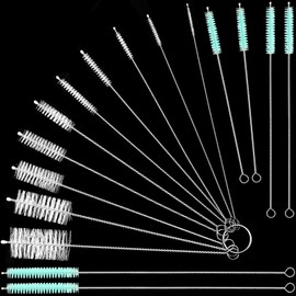 16 cepillos reutilizables de limpieza de popote, tubo de ensayo, cepillo para polvo largo de limpieza de popote, herramienta de limpieza de nailon, cepillo para polvo reutilizable para botellas de diferentes tamaños (blanco y azul cielo, 16 piezas)