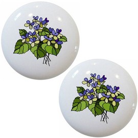 Set of 2 Violets Floral Ceramic Cabinet Drawer Pull Knobs