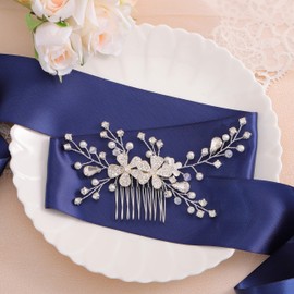 IYOU Bridal Wedding Hair Comb Sliver Sparkly Rhinestones Side comb Shiny Crystal Flower Hair Piece Bride Pearl Leaf Hair Accessories for Women and Girls