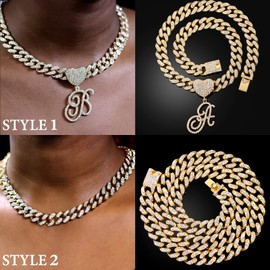 PTJDSMF Gold Initial Cuban Link Chain for Women Miami Iced Out Chain for women Bling Diamond Chain Necklace Hip Hop Jewelry (F)