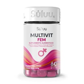 Súluu Multivit FEM | Multivitamínico para Mujeres | Womens Multivitamin | 60 Gomitas | Sabor Fresa-Mango | Ácido Fólico, Vitamina D3, Vitamina K1, Vitamina B3, Vitamina B6, Vitamina C, Vitamina B12, Hierro y Calcio | Sin Gluten