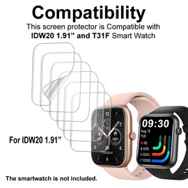 smaate Screen Protector Compatible with Faweio, ENOMIR, WMK, Yoever, TOOBUR 1.91" IDW20 and lezoura T31F Smart Watch, Soft TPU, 6-pack, Full Coverage, Bubble Self-healing