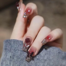 Nail Tips, 24 Pieces, Nail Tip, Short, False Nails, Round Tip, Fashion, Korean, Short, Cute, Long, Red, Nail Seal, Wedding Nail Tip, Popular, Japanese Style, Bride Nails, 48 Double Sided Tapes
