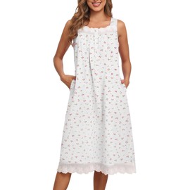 Bloggerlove Womens 100% Cotton Long Nightgown Floral Sleeveless House Dress Button Down Mumu Dress Plus Size White Floral XL