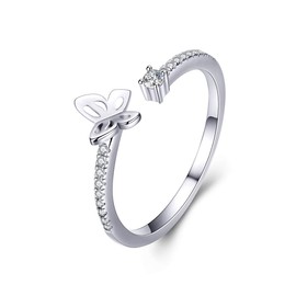 Cubic Zirconia Little Butterfly Open Statement Rings S925 Sterling Silver Dainty Birthstone Crystal Adjustable Eternity Engagement Wedding Ring Finger Band Cute Jewelry for Women Girls BFF