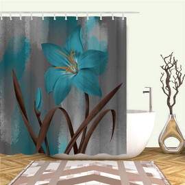 RnnJoile Blue and Brown Shower Curtain Turquoise Lily Teal Flower Bath Curtain Large Single Bold Floral Bathroom Decor with Hooks 72"×72"