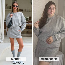EXLURA Women 2 Piece Sets Cotton Tracksuits Workout Set Crewneck Sweatshirt Skort Short Skirt Fall Tennis Sweat Suits Pockets, Grey, Small