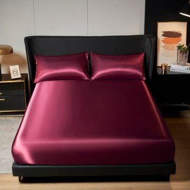 Solid Color Satin 3pcs Fitted Sheet Set - One Fitted Sheet and Two Pillowcases Bottom Bed Sheet, 100% Soft Silky All-Round Elastic Pocket (Burgundy, King)