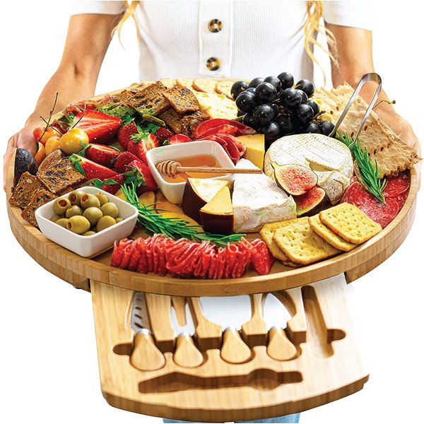 Large Round Charcuterie/Cheese Board Set and Knife Set, - 16 In, Extra Large, Wood Tray