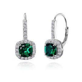Emerald Earrings for Women Cushion-Cut Leverback Sterling Silver Simulated Green Gemstone Drop Earring Bridesmaids Prom Trendy Fashion