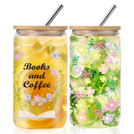 DHQH Book Lovers Gifts for Women, 16 oz Cute Flower Glass Cups with Lids and Straws, Reading Birthday Gifts for Book Lover, Readers, Librarians, Bookish Book Club