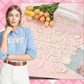 White Chenille Letters Iron on Patches, 72 Pcs Self Adhesive Applique Alphabets 2.2 Inch Sew on Letters Patches Varsity Initial Fabric Stickers Fuzzy Towel Embroidered Patches for Clothing Caps