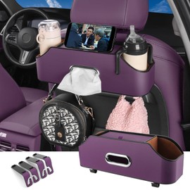 HOLDCY Car Back Seat Organizer with 2 Drink Cup Holder - Tissue Box and Storage Box Hook - Multi-functional Storage - Great for Kids and Travel (Purple)