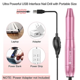 COSITTE Electric Nail Drill,USB Electric Nail Drill Machine for Acrylic Nails,Portable Electrical Nail File Polishing Tool Manicure Pedicure Efile lime a ongle e lectrique for Home and Salon Use,Pink